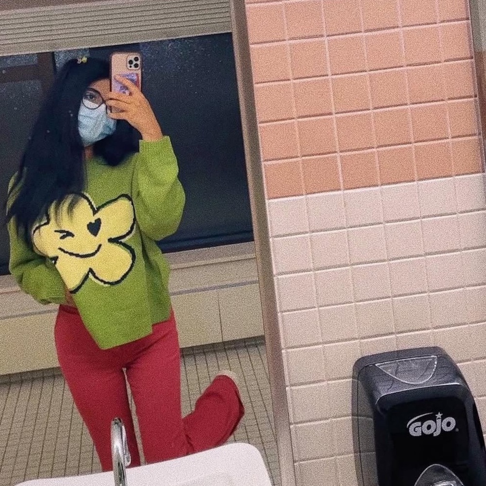 Green Flower Sweater and Red Pants